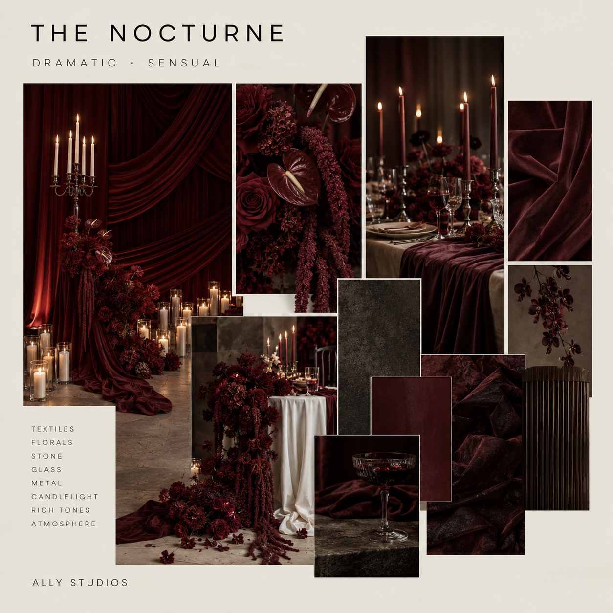 The Nocturne moodboard — deep red florals, draped textiles, candlelight and dark stone