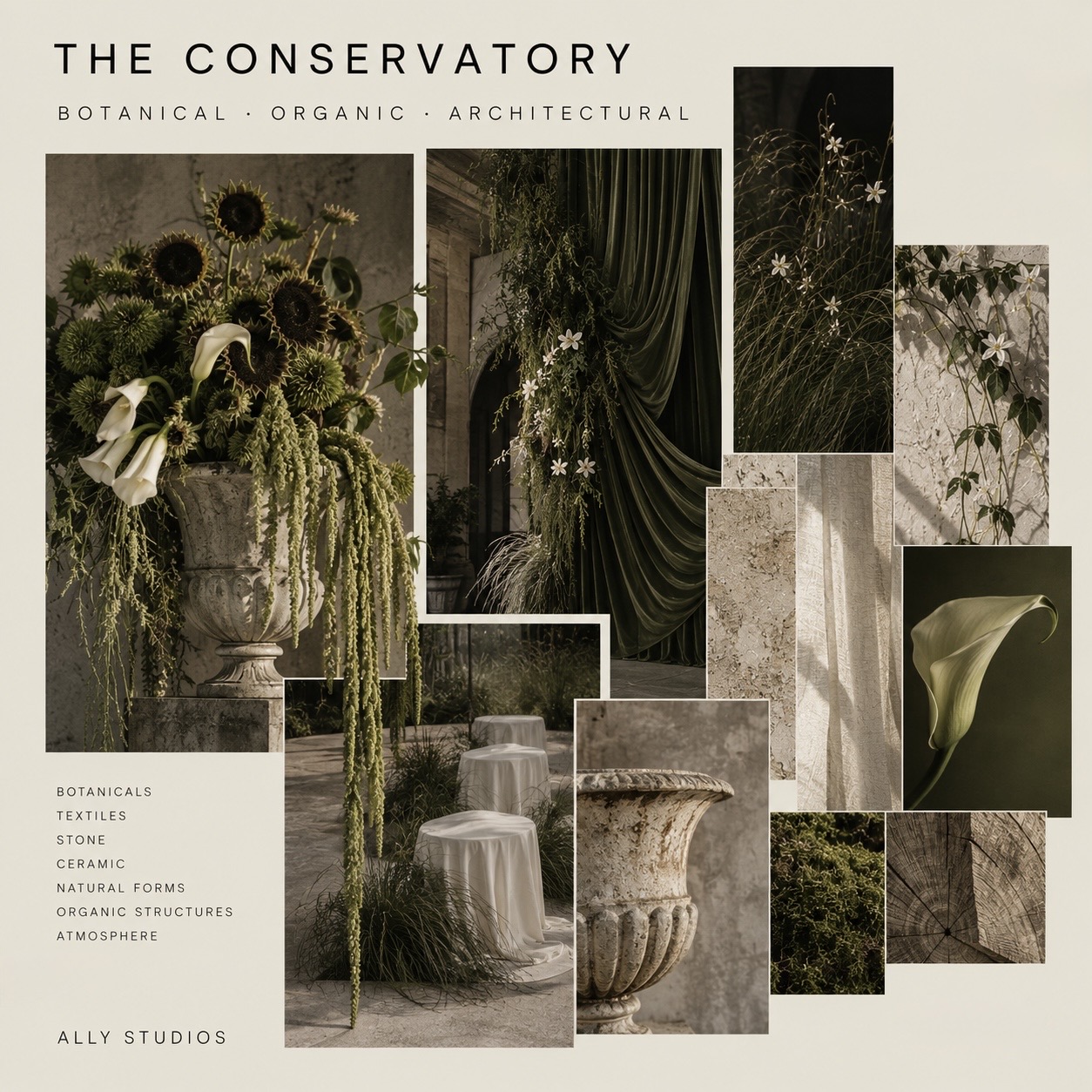 The Conservatory moodboard — botanicals, draped textiles, stone and ceramic